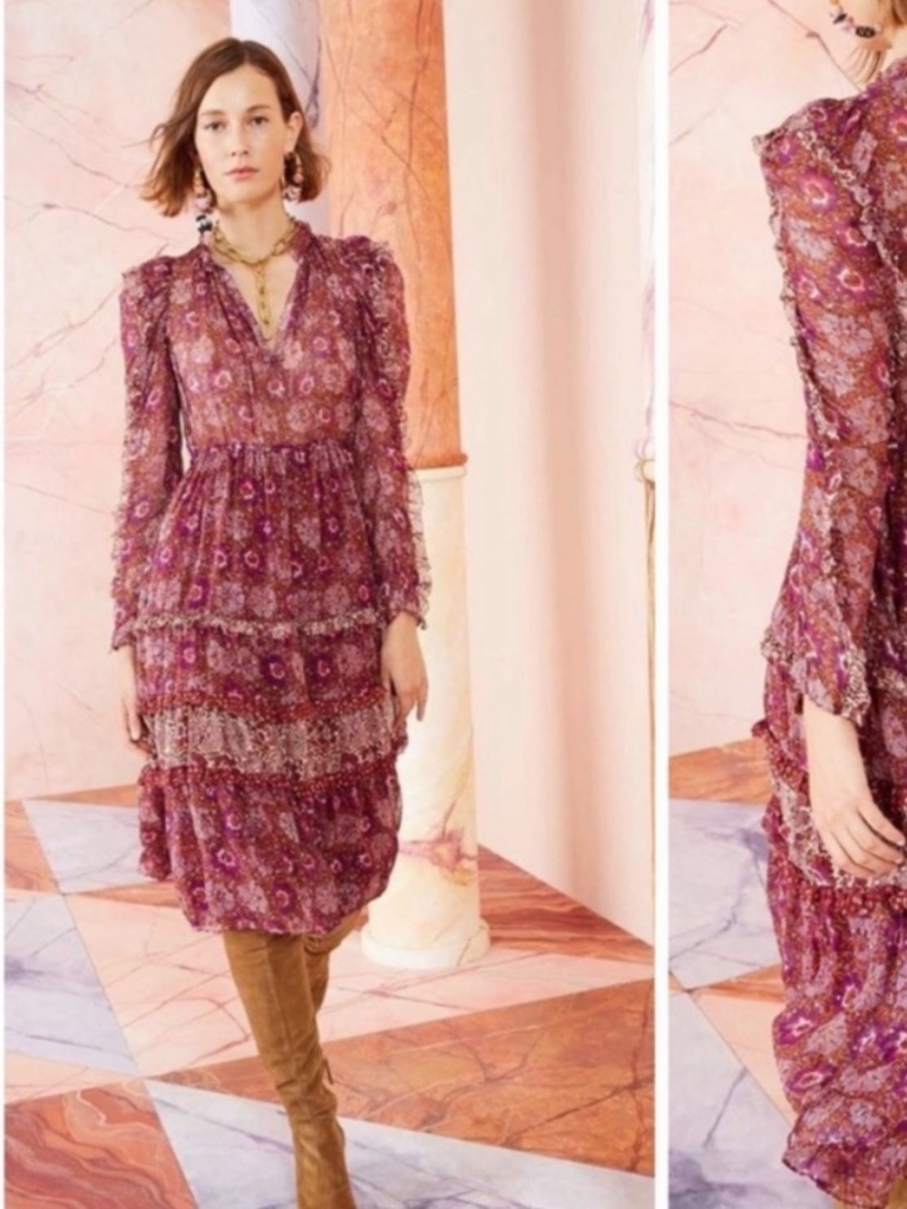 Ulla Johnson Alessandra Silk Lurex Floral Tiered Midi Dress Long Sleeves Size 6